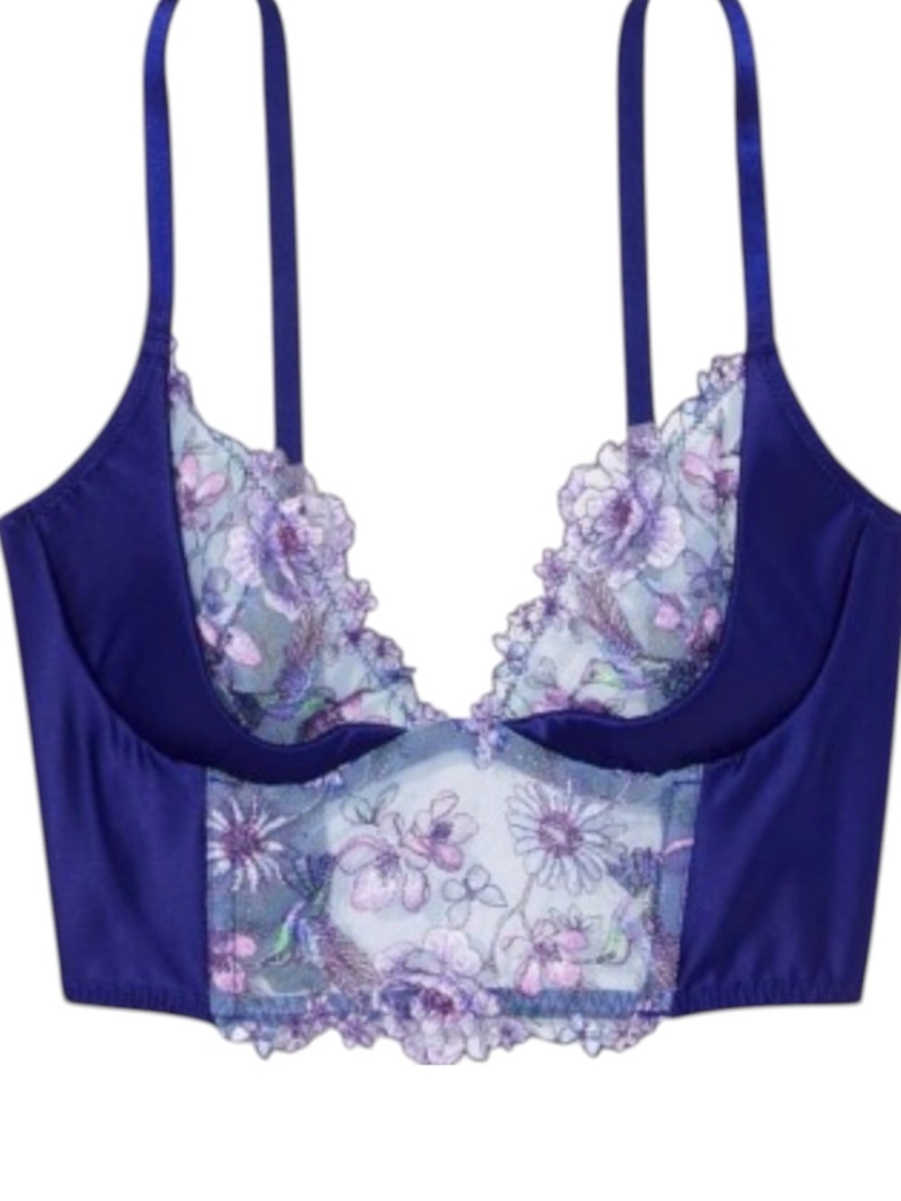 Victoria's Secret Midnight Blue Hummingbird Floral Lace Longline Corset Bra 32DD